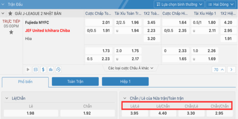 Một số kèo cược chẵn lẻ trong một trận đấu