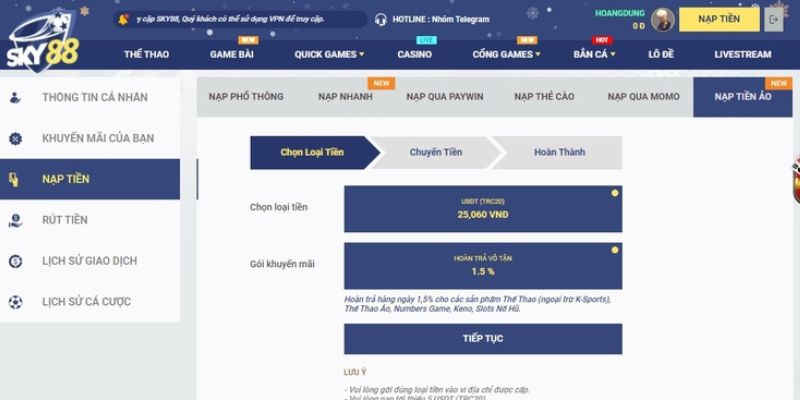 Nạp tiền tại Sky88 nhanh chóng thông qua Paywin